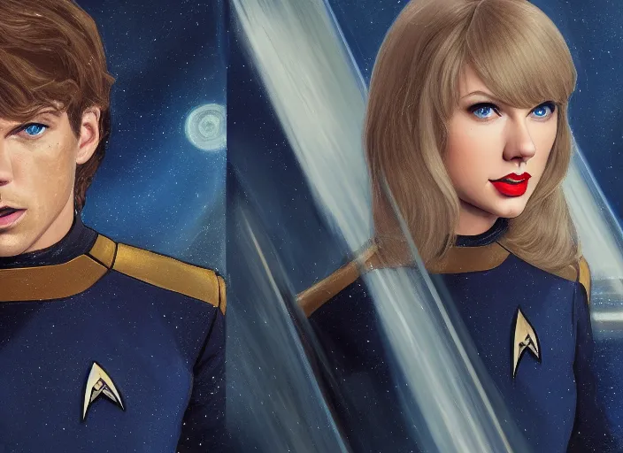 Image similar to a disney film still of taylor swift as a star trek officer, finely detailed features, closeup of the face, perfect art, dusk, blue hour, gapmoe yandere grimdark, trending on pixiv fanbox, painted by greg rutkowski, makoto shinkai, takashi takeuchi, alphonse mucha, akihiko yoshida