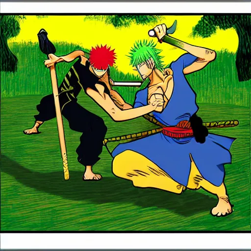 Image similar to zoro vs sanji, one piece fight, in the style of vincent van gogh