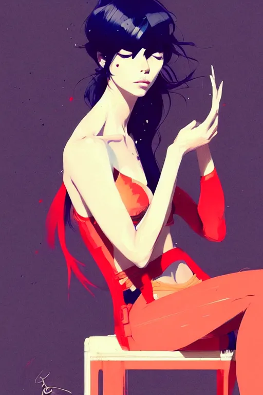 Image similar to a ultradetailed beautiful panting of a stylish woman sitting on a chair, by conrad roset, greg rutkowski and makoto shinkai, trending on artstation