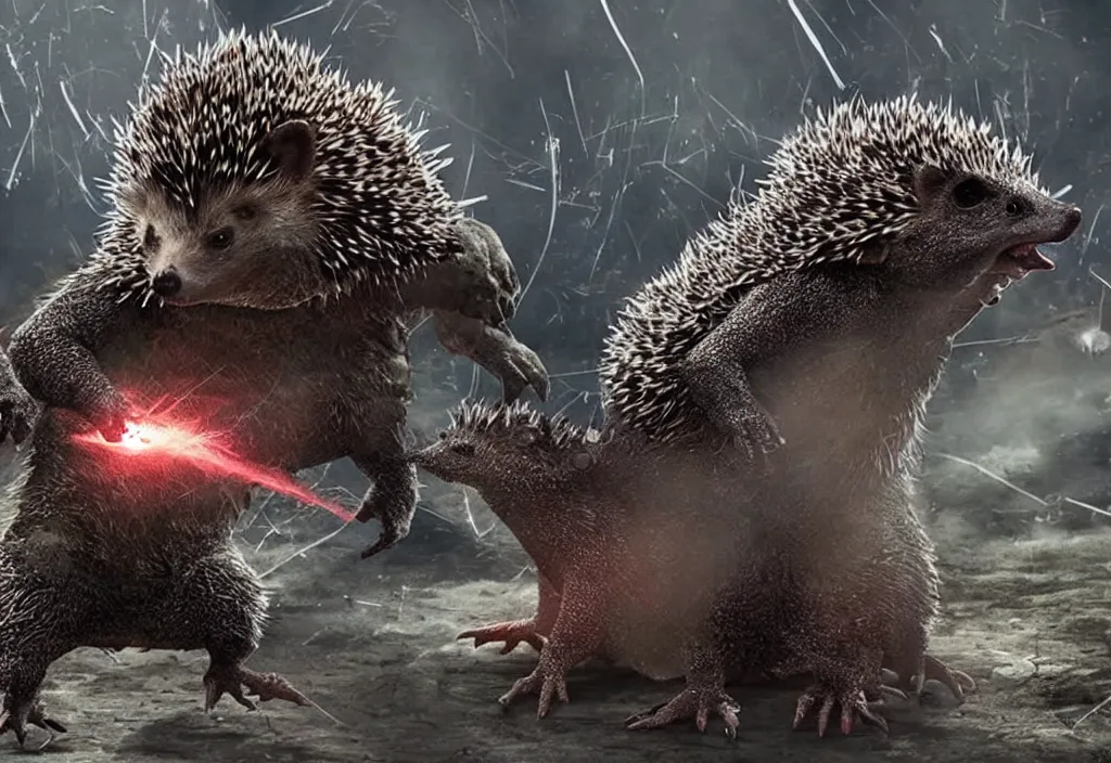 Image similar to a hedgehog alien fighting godzilla