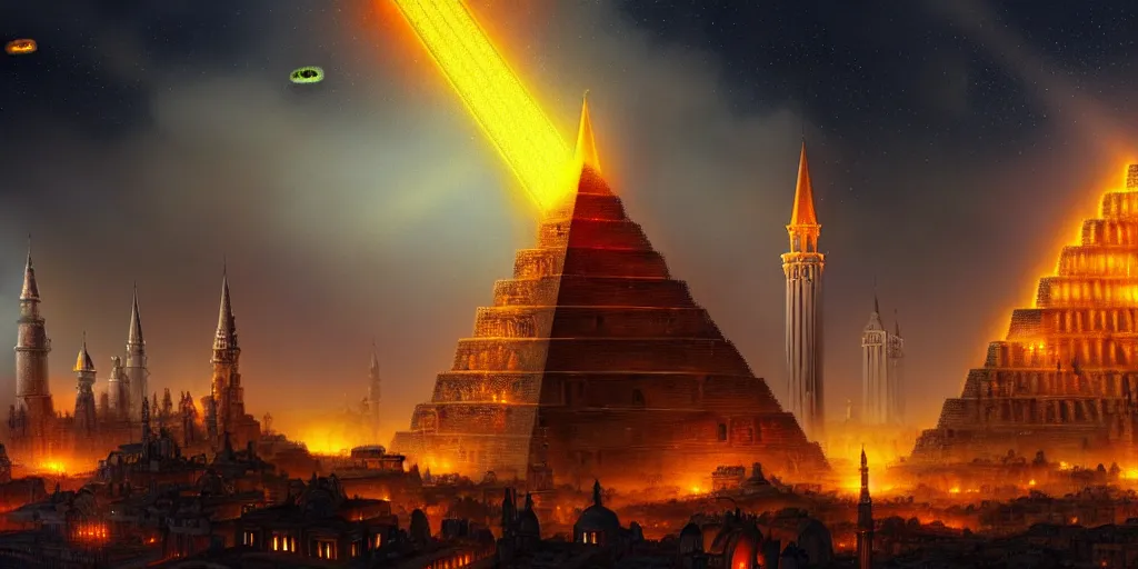 Image similar to magical city of the Great Tartarian Empire adorned with amazing lost technology, lighting resembling fireflies, spires from rooftops collecting and distributing etheric energy, the centerpiece of the city is a colossal ancient pyramid made of metal, cityscape, combining intense detail & utmost quality, Christian Hecker, Artstation, - H 832