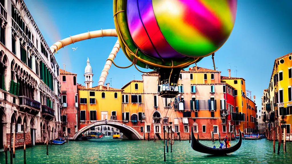 Prompt: large colorful futuristic space age metallic steampunk steam - powered balloons with pipework and electrical wiring around the outside, and people on rope swings underneath, flying high over the beautiful medieval venice city landscape, professional photography, 8 0 mm telephoto lens, realistic, detailed, photorealistic, photojournalism