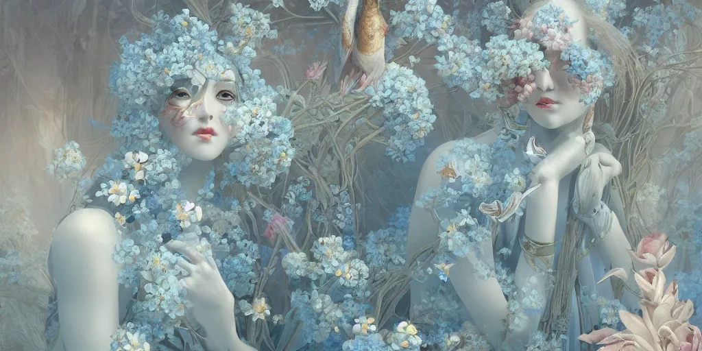 Image similar to breathtaking detailed concept art painting art deco pattern of blonde faces goddesses amalmation light - blue flowers with anxious piercing eyes and blend of flowers and birds, by hsiao - ron cheng and john james audubon, bizarre compositions, exquisite detail, extremely moody lighting, 8 k