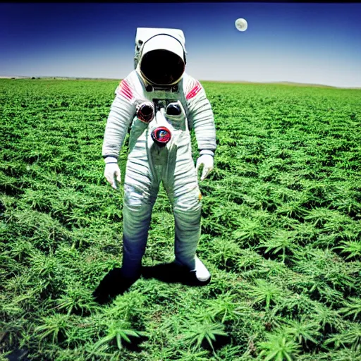 Image similar to lomo photo of an astronaut staying in the middle of the field of hemp
