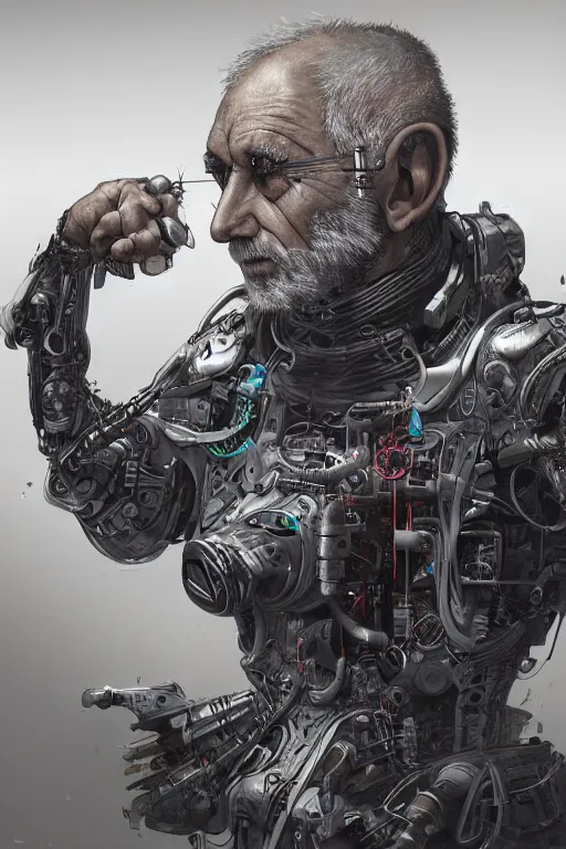 Prompt: Ultra realistic illustration of an old man cyborg, cyberpunk, sci-fi fantasy