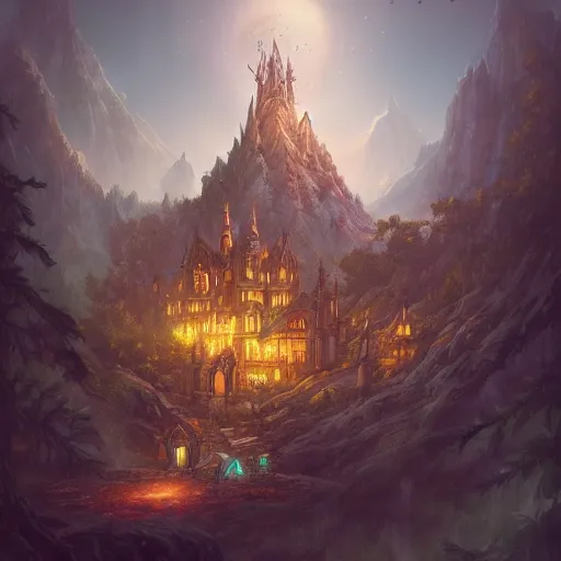 Image similar to an elven castle in the mountains, by peter mohrbacher and dan mumford and nekro, cgsociety, volumetric light, 3 d render