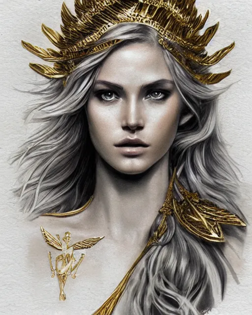 Image similar to tattoo sketch of beautiful super model aphrodite greek goddess wearing a gold laurel wreath and triangle earrings, beautiful piercing gaze with sharp pupils, beautiful blonde hair, in the style of greg rutkowski, fantasy, amazing detail, epic, elegant, smooth, sharp focus, front view