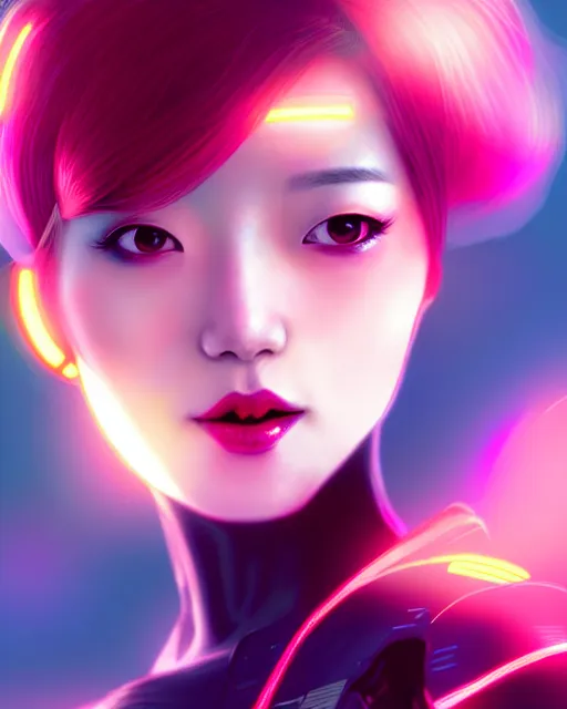 Image similar to kim hyun joo as a cyborg with rose hair, cyborg, warframe, colorful, cinematic, illuminated, sunny day, beautiful girl, advanced technology, futuristic, art by ilya kuvshinov, akiko takase