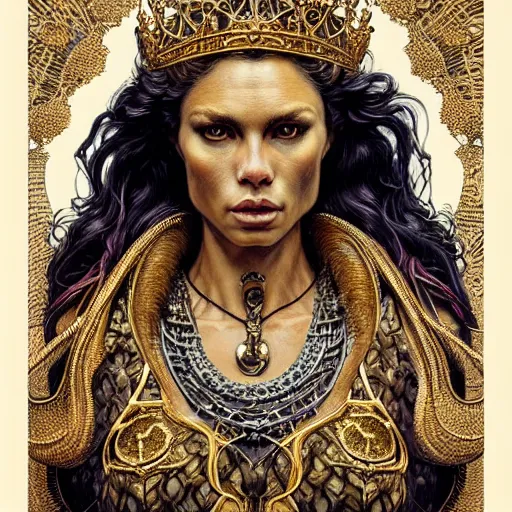 Image similar to highly detailed portrait of a majestic lioness queen in the form of a beautiful woman. d & d. art by william stout, donato giancola, brian bolland, ruan jia, peter lindbergh. trending on artstation, intricate details, energetic composition, golden ratio, concept art, illustration, elegant art, global illuminaition