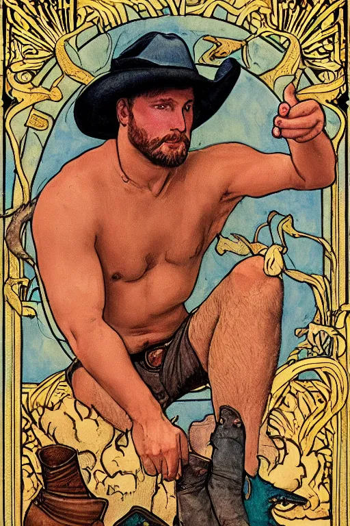 Prompt: a beautiful tarot! card of a handsome shirtless cowboy wearing cowboy hat and boots with a chunky build and belly next to a campfire | golden hour, dark background | homoerotic! | art deco!, art nouveau | by Walter Crane, by Mark Maggiori | trending on artstation