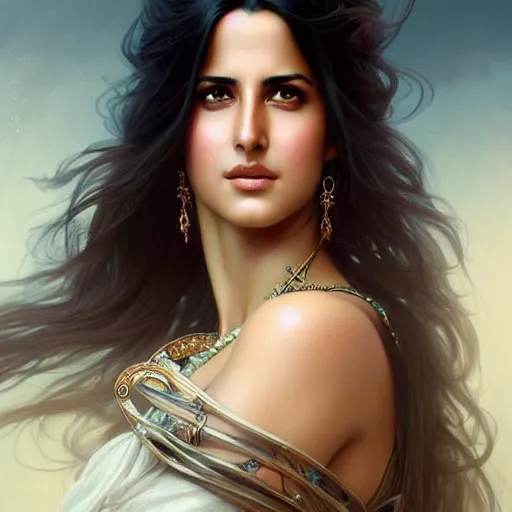 Prompt: beautiful young katrina kaif, closeup, d & d, fantasy, intricate, elegant, highly detailed, digital painting, artstation, concept art, matte, sharp focus, illustration, art by artgerm and greg rutkowski and alphonse mucha