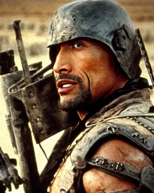 Image similar to film still close up shot of dwayne johnson as max rockatansky in the movie mad max 2 the road warrior. photographic, photography