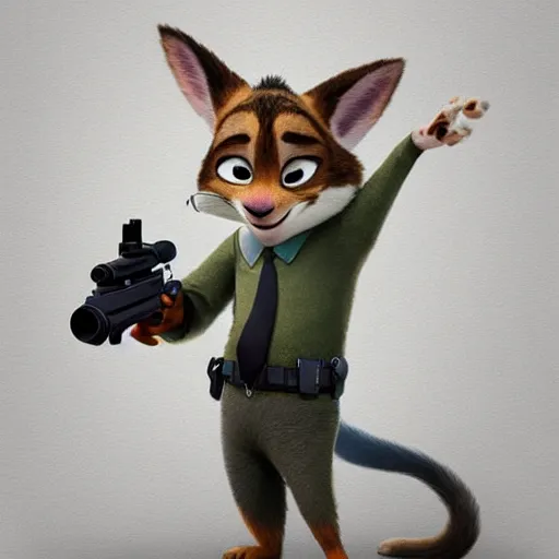 Image similar to “ animal character in the style of zootopia holding laser gun, floating alone, with a black dark background, digital art, award winning, trending on art station ”