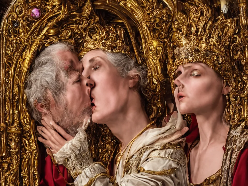 Image similar to a high-resolution color-chrome extreme closeup portrait photo of a medieval priest, kissing a incredible elegant pale renaissance rococo Queen, with ornate jewelled, rococo Queen, sci-fi, high-tech, beautiful low light, style Steve McCurry Octane render 8k