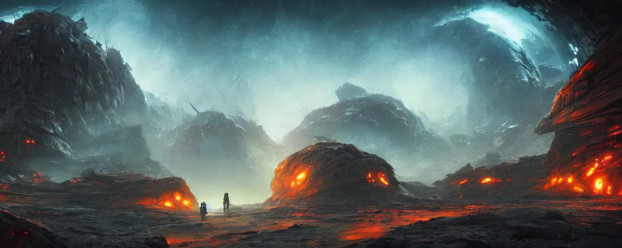 Image similar to ” mysterious and intimidating alien landscape, [ dangerous, cinematic, detailed, epic, widescreen, opening, establishing, mattepainting, photorealistic, realistic textures, octane render, art by slop and paul lehr ] ”