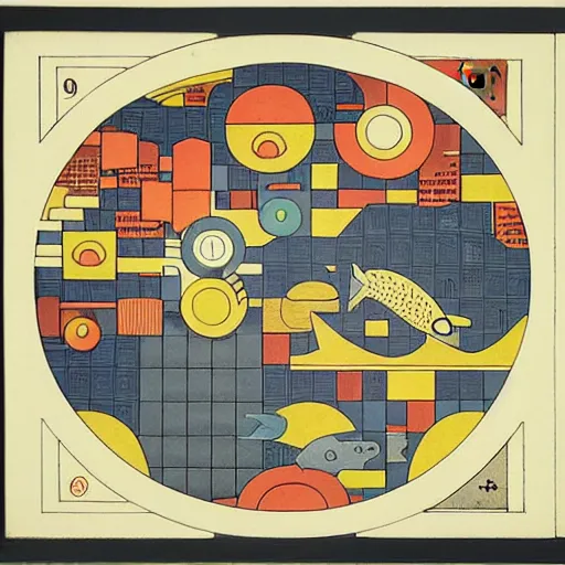 Prompt: isometric urban dashboard with time series charts, pie plots and other modern graphics, with small creatures swimming on it. monografia by diego rivera ( ukiyo - e influence )