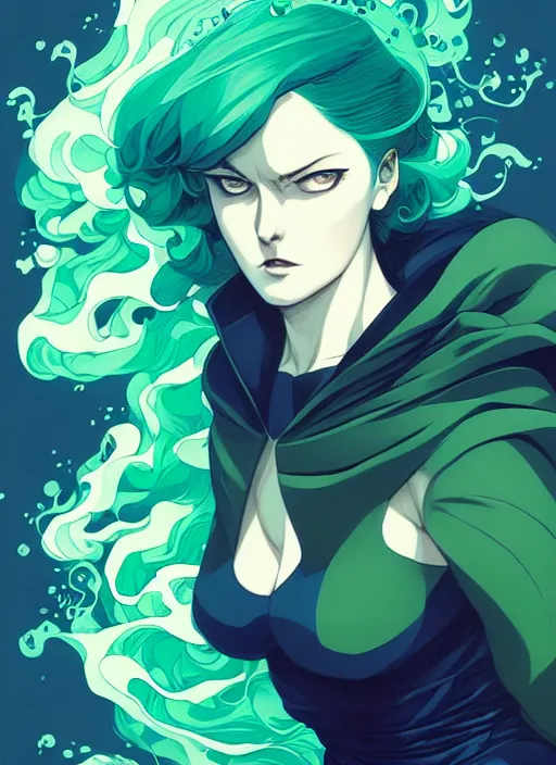 Image similar to style artgerm, joshua middleton, fubuki one punch man with green dress, very long blue hair, swirling water swirling, symmetrical face, symmetrical eyes, steampunk cyberpunk,, cinematic lighting