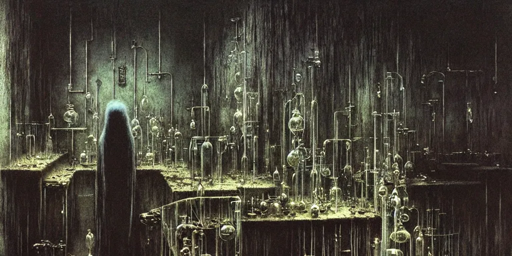 Prompt: detailed laboratory of alchemist and mage by Beksinski, Luis Royo