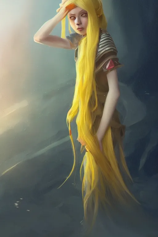 Image similar to girl wizard with long yellow hair wearing a dress, video game character art, by artgerm, by jeremy lipking, by makoto shinkai, digital art, fantasy art, octane render, portrait drawing, beautiful girl
