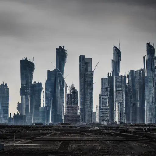 Image similar to Giant futuristic megacity towering across the landscape, post apocalyptic, EOS-1D, f/16, ISO 200, 1/160s, 8K, RAW, unedited, symmetrical balance, in-frame