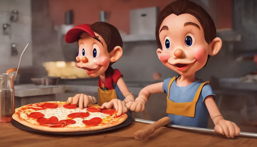 Prompt: pinocchio making pizza, photorealistic rendering. artstation, 4 k, hyperrealism