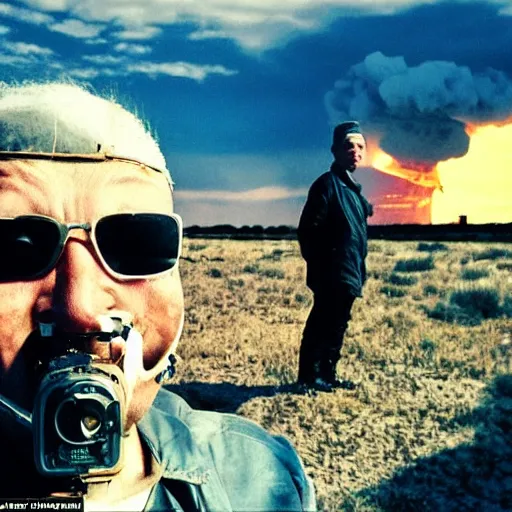 Image similar to radiation eats a ukrainian alive a selfie a second before death, against the backdrop of a huge nuclear explosion from which the skin has already burned to the bone