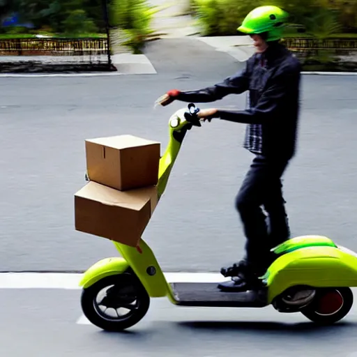 Prompt: delivery driver on scooter delivering boxes, extremely high quality, artistic rendering, cartoon, top - rated, award winning, realistic, sharp, no blur, edited, corrected colour, white background, trending