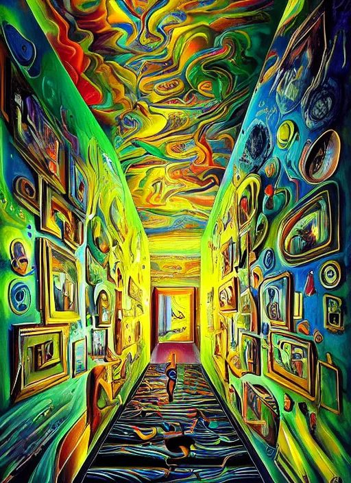 Image similar to an extremely high quality hd surrealism painting of a 3d slow-shutter galactic neon complimentary colored cartoon surrealism melting optical illusion hallway by kandsky and salviadoor dali the seventh, salvador dali's much much much much more talented painter cousin, 4k, ultra realistic, super realistic, so realistic that it changes your life