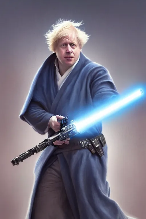 Image similar to Boris Johnson as a Jedi from Star Wars, blue light saber, realistic portrait, symmetrical, highly detailed, digital painting, artstation, concept art, smooth, sharp focus, illustration, cinematic lighting, art by artgerm and greg rutkowski and alphonse mucha