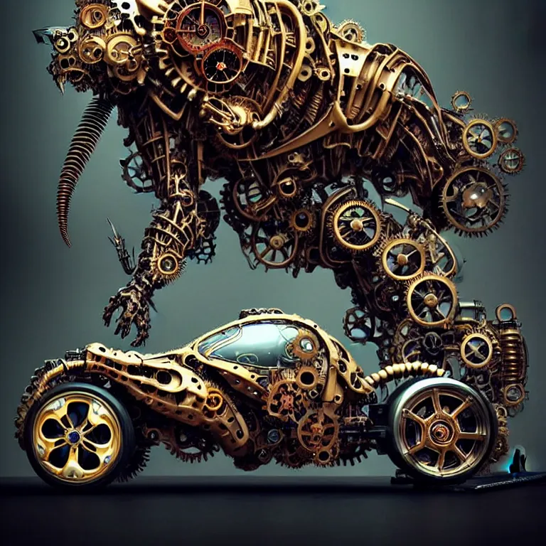 Prompt: biomechanical shiny steampunk vehicle reminiscent of fast sportscar with robotic parts and (glowing) lights parked in ancient lush palace, gothic and baroque, brutalist architecture, ultradetailed, creepy ambiance, fog, artgerm, giger, Intricate by Ellen Jewett and Josan Gonzalez and Giuseppe Arcimboldo