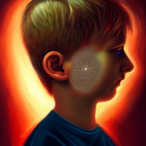 Prompt: powerful eyes glowing highly detailed painting of deep sadness alone, young blonde boy, fractal electricity surrounding him, expressive emotional sadness piece, trending on art station, abstract emotional sadness expression, very very very beautiful, fantasy digital art