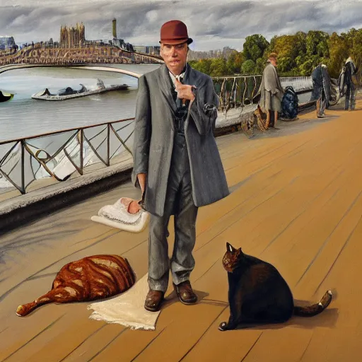 Prompt: high quality high detail painting by lucian freud, ewan mcgregor is standing by the river seine on a bridge in the morning. he is wearing a gentleman ´ s outfit with a bowler hat. next to him at his feet is lying a brown cat. ewan mcgregor is painting a canvas that is put on an easel. morning light, 4 k