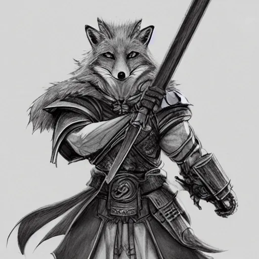 Prompt: heroic character design of anthropomorphized fox, whimsical fox , portrait, holy medieval crusader, holding enormous mace, final fantasy tactics character design, character art, whimsical, vibrant, stunning, lighthearted, colorized pencil sketch, highly detailed, Akihiko Yoshida