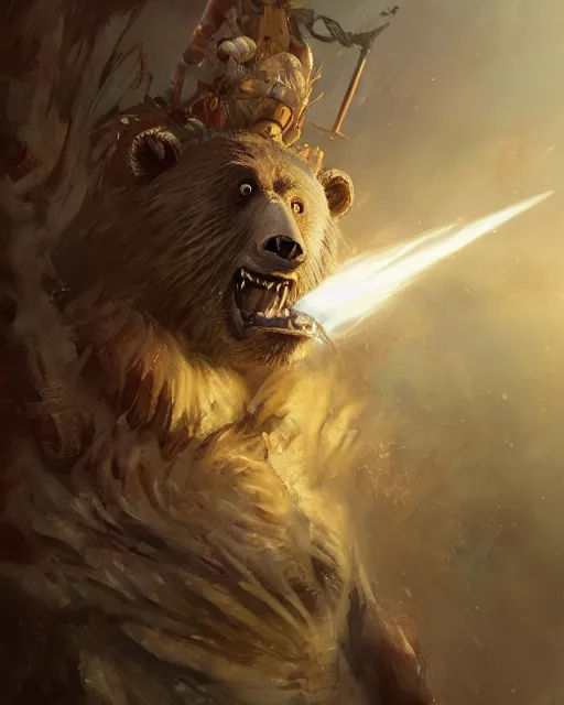 Image similar to Laughing Bear Musician, Warrior, magic the gathering artwork, D&D, fantasy, cinematic lighting, centered, symmetrical, highly detailed, digital painting, artstation, concept art, smooth, sharp focus, illustration, volumetric lighting, epic Composition, 8k, art by Akihiko Yoshida and Greg Rutkowski and Craig Mullins, oil painting, cgsociety