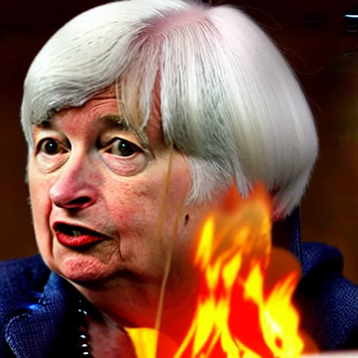 Image similar to Janet Yellen burning up pile of dollars