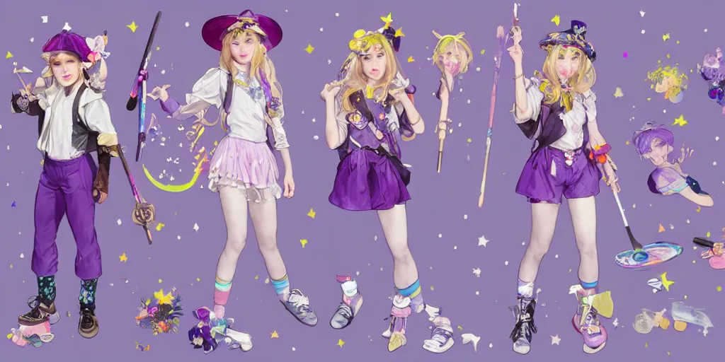 Prompt: A character sheet of a magical girl holding a paintbrush with short blond hair and freckles wearing an oversized purple Beret, Purple overall shorts, jester shoes, and white leggings covered in stars. Rainbow accents on outfit. Concept Art painting. By WLOP. By Artgerm. By Alphonse Mucha. Decora. harajuku fashion. Cosplay. E-Girl