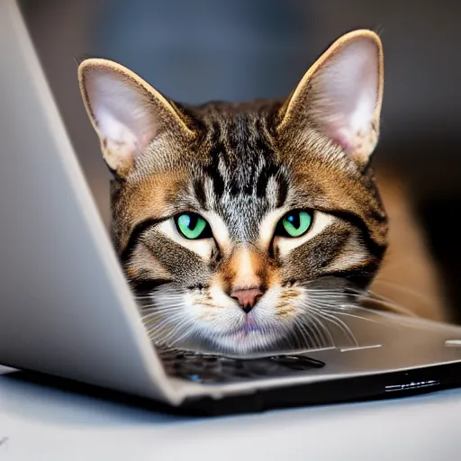 Prompt: A cat on a laptop, EOS-1D, f/1.4, ISO 200, 1/160s, 8K, RAW, unedited, symmetrical balance, in-frame