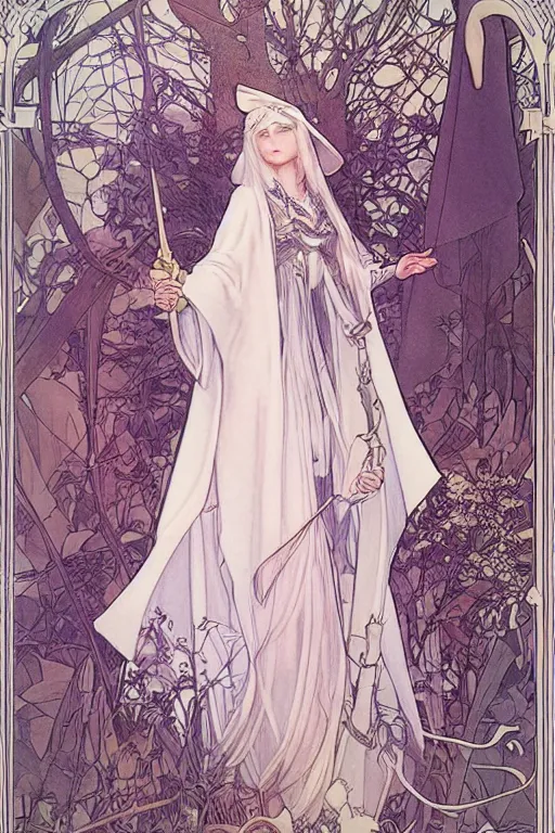 Image similar to Character design of a pure white witch in big witch‘s hat and cape from the Garden of Eden by mucha and range murata