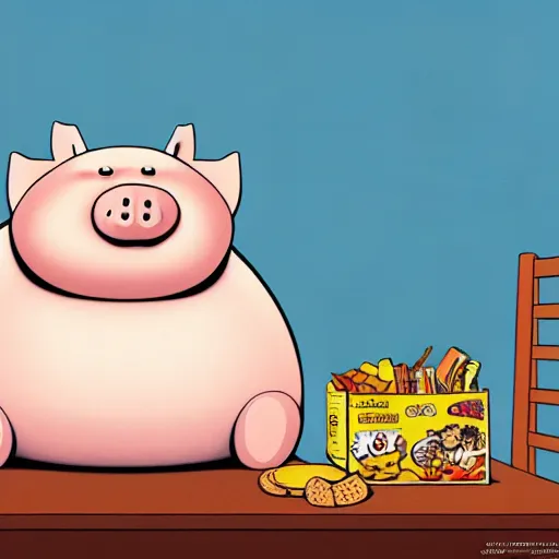 Image similar to comic art of a obese pig sitting on snacks, drawn by Bruce MacKinnon, vivid color, cgsociety 4K