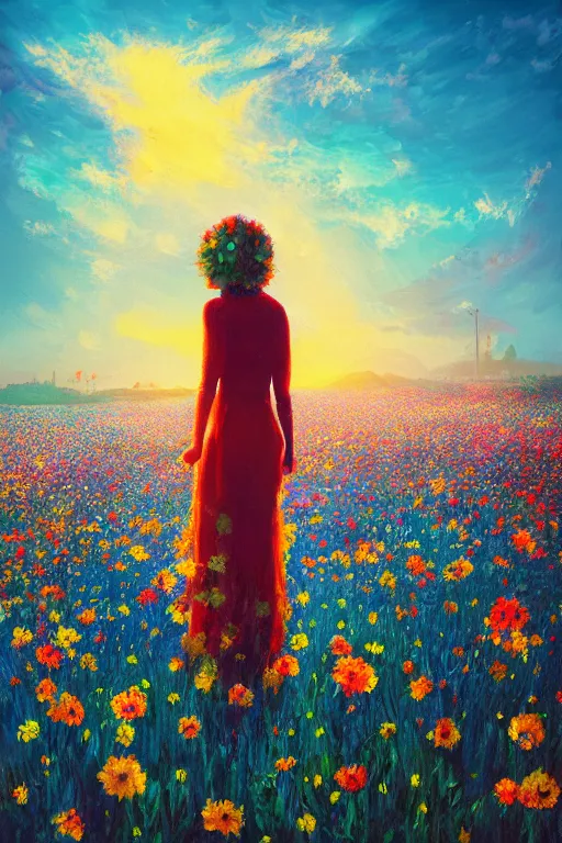 Image similar to closeup, giant flower head, girl standing in a field of flowers, surreal photography, sunrise, blue sky, dramatic light, impressionist painting, digital painting, artstation, simon stalenhag