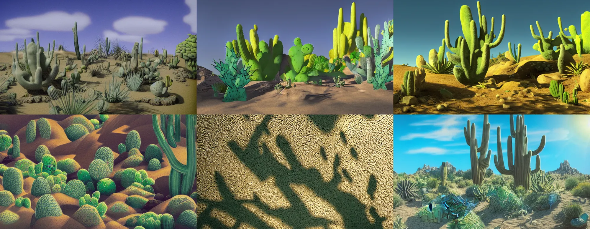 Prompt: Lizard land dreamscape with cactus, shadow ray tracing