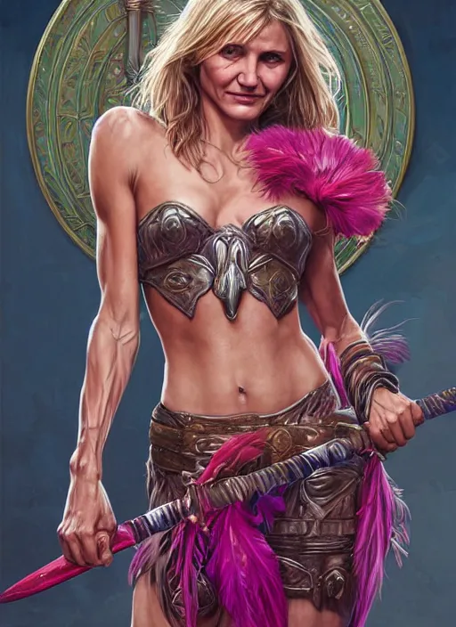 Prompt: serious looking Cameron Diaz as a ruggedly handsome heroine wearing pink feathers and wielding a glowing sword, intricate, elegant, tasteful, highly detailed, centered, digital painting, artstation, concept art, smooth, sharp focus, illustration, art by artgerm and donato giancola and Joseph Christian Leyendecker, WLOP