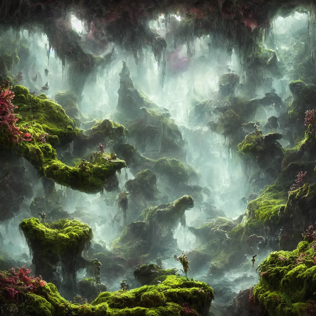 Image similar to tom bagshaw, mythical gigantic space cavern, soft painting 3 d render curiosities carnival pond vegetation rocks mushrooms and tentacles covered moss, luminescent wisps, stunning waterfall, accurate features, focus, very intricate ultrafine details, random volumetric lighting, fog, award winning masterpiece, octane render 8 k hd, artstation