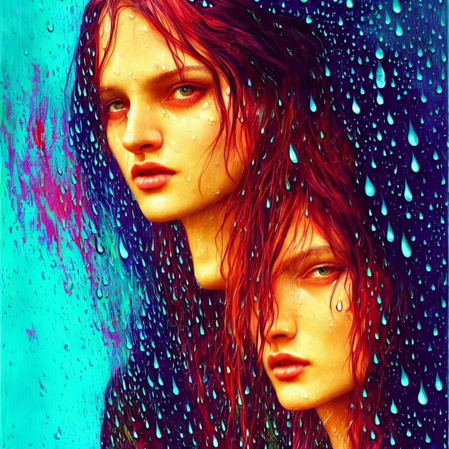 Image similar to bright asthetic portrait of LSD in rain with wet hair and face, liquid, fantasy, intricate, elegant, dramatic lighting, highly detailed, lifelike, photorealistic, digital painting, artstation, illustration, concept art, smooth, sharp focus, art by John Collier and Albert Aublet and Krenz Cushart and Artem Demura and Alphonse Mucha