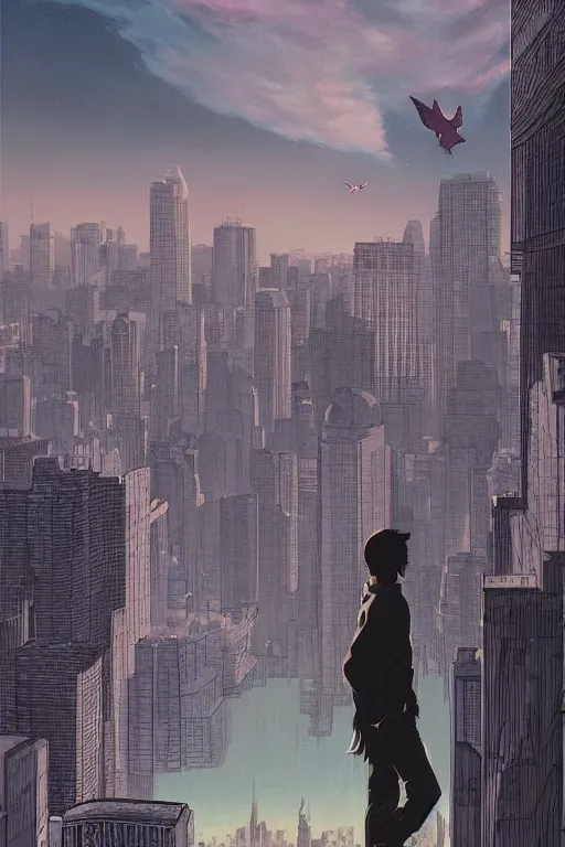 Prompt: concept art painting of a guy with wings flying over city skyline, moody vibe, moody lighting, artgerm, moebius, inio asano, toon shading, cel shading, calm, tranquil, vaporwave colors,