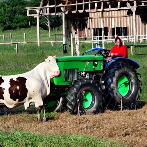 Prompt: a cow driving a tractor