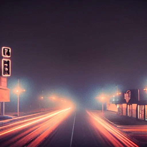 Image similar to A stunningly beautiful award-winning 8K high angle cinematic movie photograph of a foggy main intersection in an abandoned 1950s small town at night, by Edward Hopper and David Fincher and Darius Khonji, cinematic lighting, perfect composition, moody low key volumetric light. Color palette from Seven. Shot from above, 3 point perspective