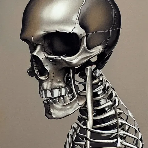 Prompt: chrome skeleton, oil on canvas, extremely detailed masterpiece