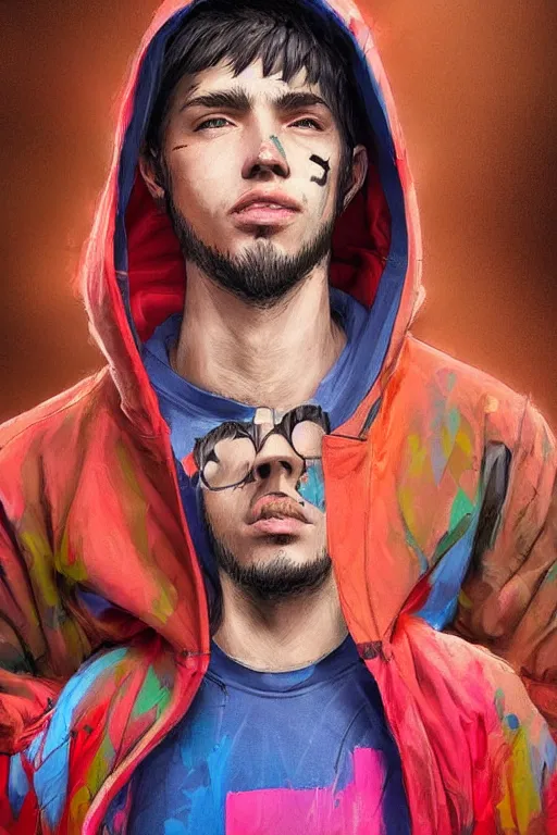 Prompt: a full body digital painting concept art portrait of a single young man dressed in 90s street clothing and a bright hoodie with face and body clearly visible by artgerm and greg rutkowski, fornite, valorant, high quality, happy mood, artstation trending, vibrant colours, no crop, no helmet, no headgear, entire character, blank background, face visible, realistic proportions,