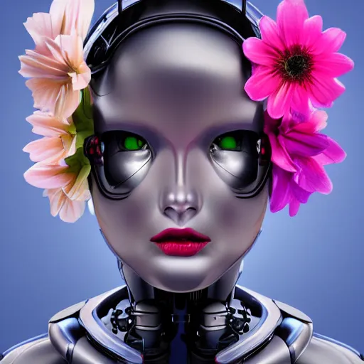 Image similar to female futuristic robot portrait with flower antennas